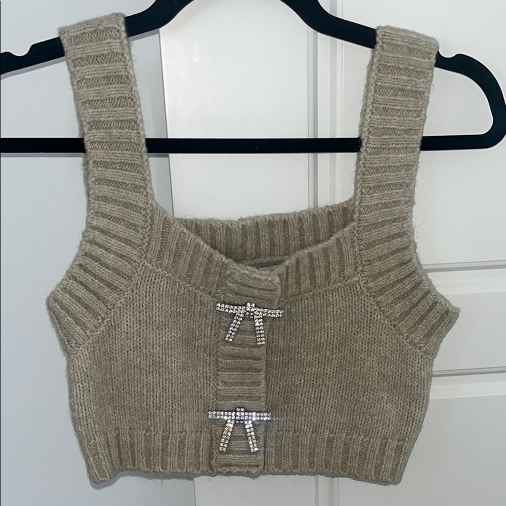 Zara Tan Knit Crop Top with Rhinestone Bows
